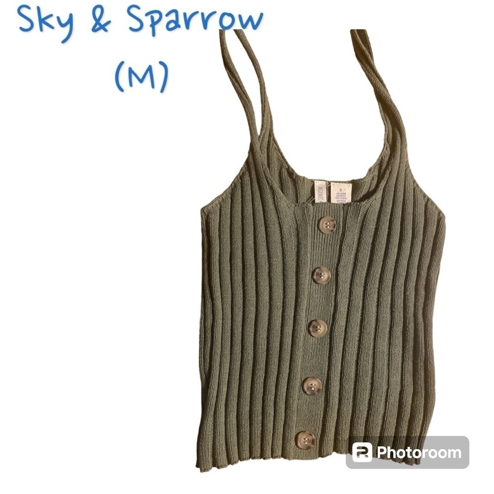 Olive Green Ribbed Button Down Tank Top Blouse Shirt (M)
